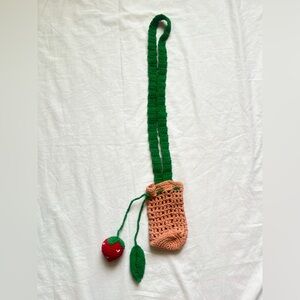 Crochet Strawberry Bag with Long Green Strap